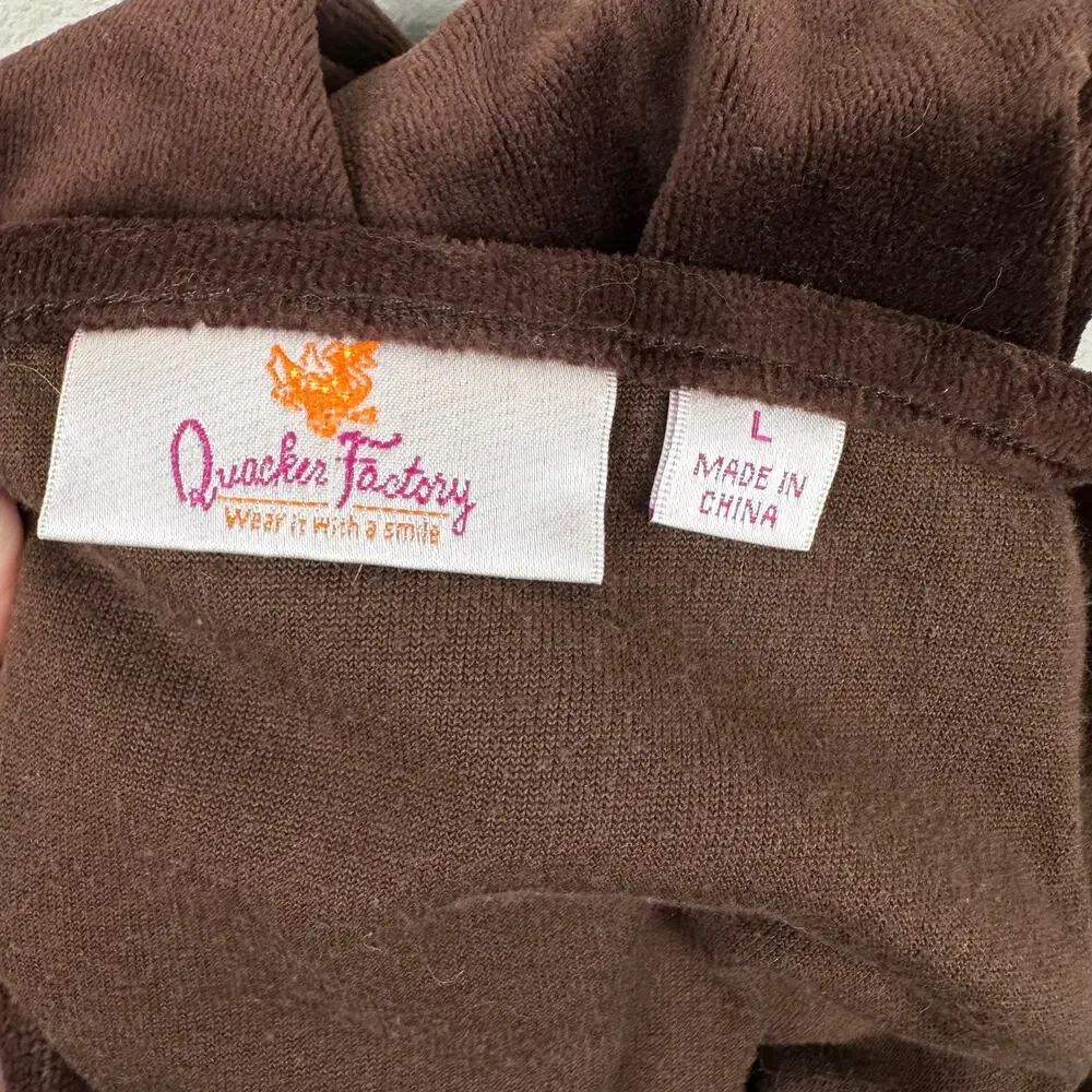 Quacker Factory Blouse Top Velour Velvet Stripe Sequins Long Sleeve Brown L